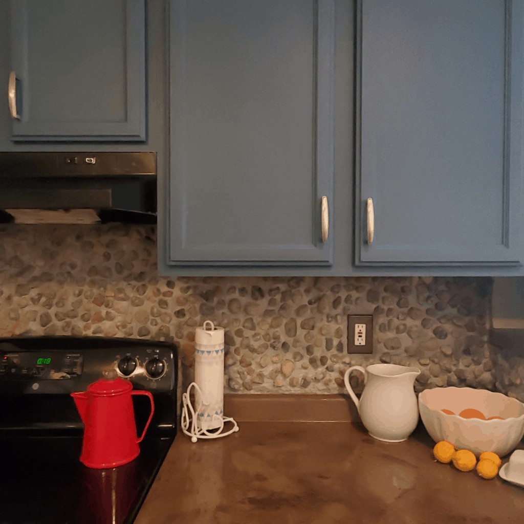 blue cabinets on counter 