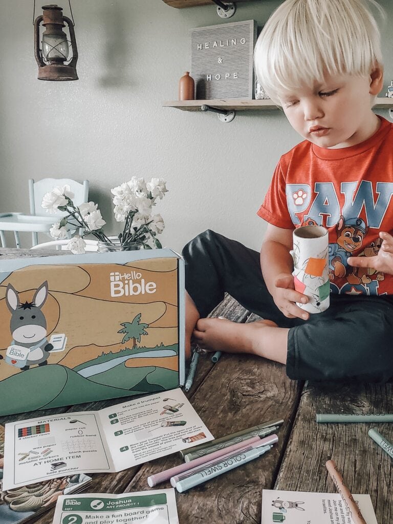 hello Bible box with toddler