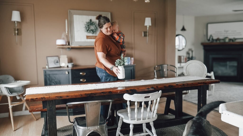 Spring Homemaking - Mom and Baby setting out greenery